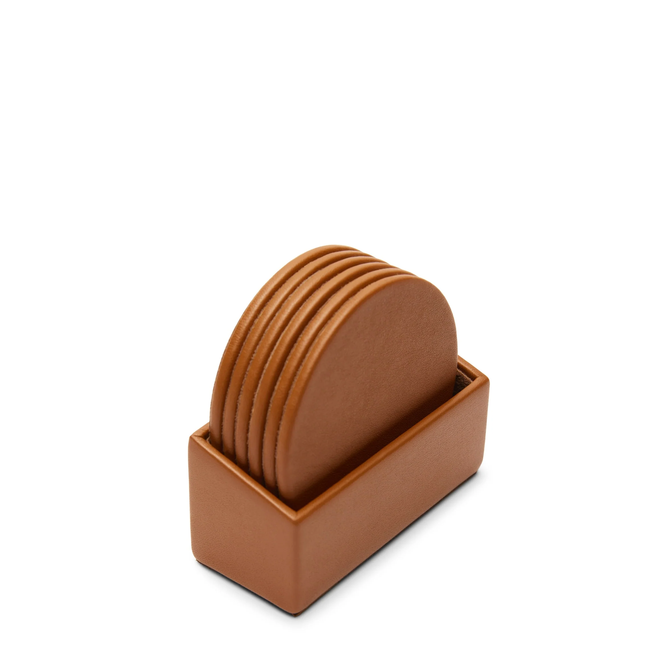 Classic Round Coasters and Holder, Set of 6 Cognac